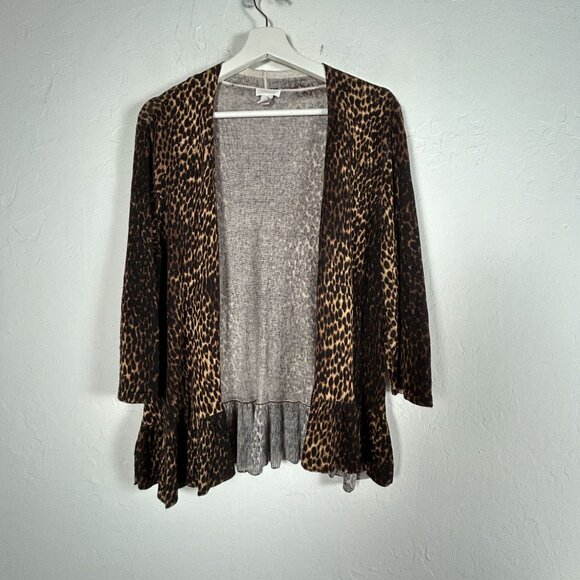 Chico's Womens Animal Print Open Front Ruffle Trim Cardigan Sweater Size 2 Brown - Picture 1 of 5